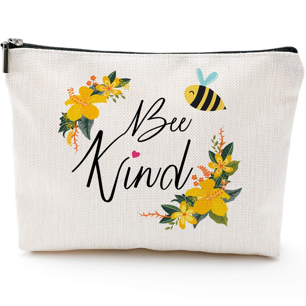 Bee Kind-Be Kind-Inspirational Gifts for Women,Beekeeper Gifts, Gift Gardener, Honeybee Gifts, Bee Bag, Honeybee Pouch Case,Bee Kind gifts, Bee Kind Makeup Bag, Cosmetic bag, Beige