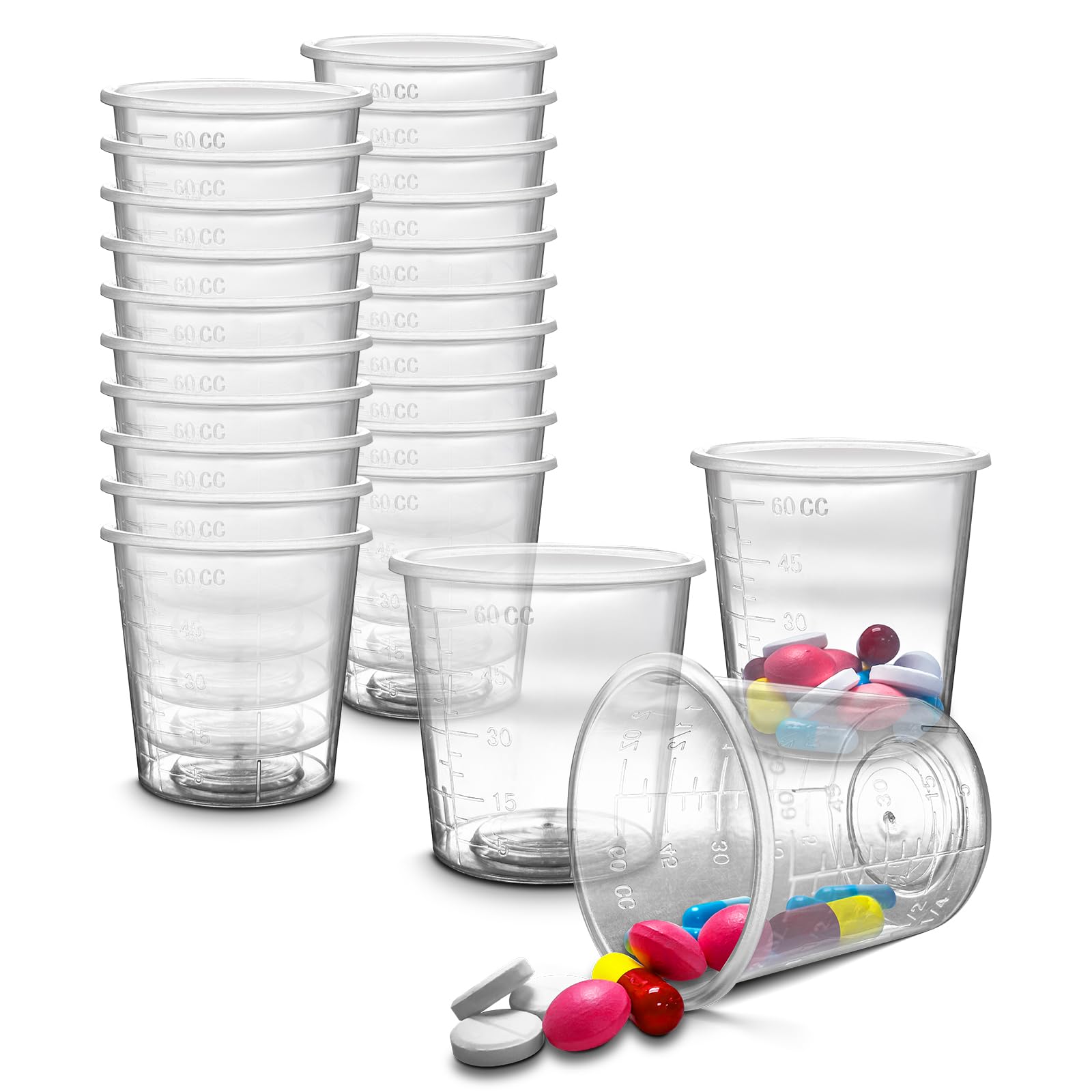 20pc - RE-GEN 60ml Graduated Clear Reusable Measuring Cups Pots Container Beaker Tubs - Ideal for Medicine, Kitchen Cooking, Catering, Medical Lab, Home