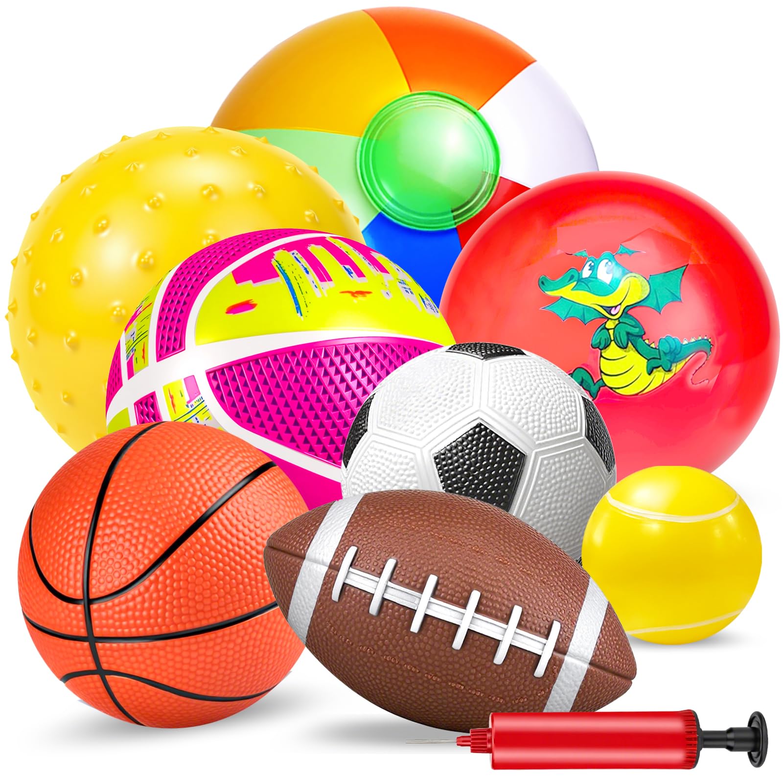 Ynanimery 8 Pack Bouncy Sport Toy Balls for Toddler 1-3 - Basketball, Soccer, Beach Balls, Acanthosphere-Soft Balls for Kids Boys Girls Indoor Outdoor Beach Playground Yard with Pump