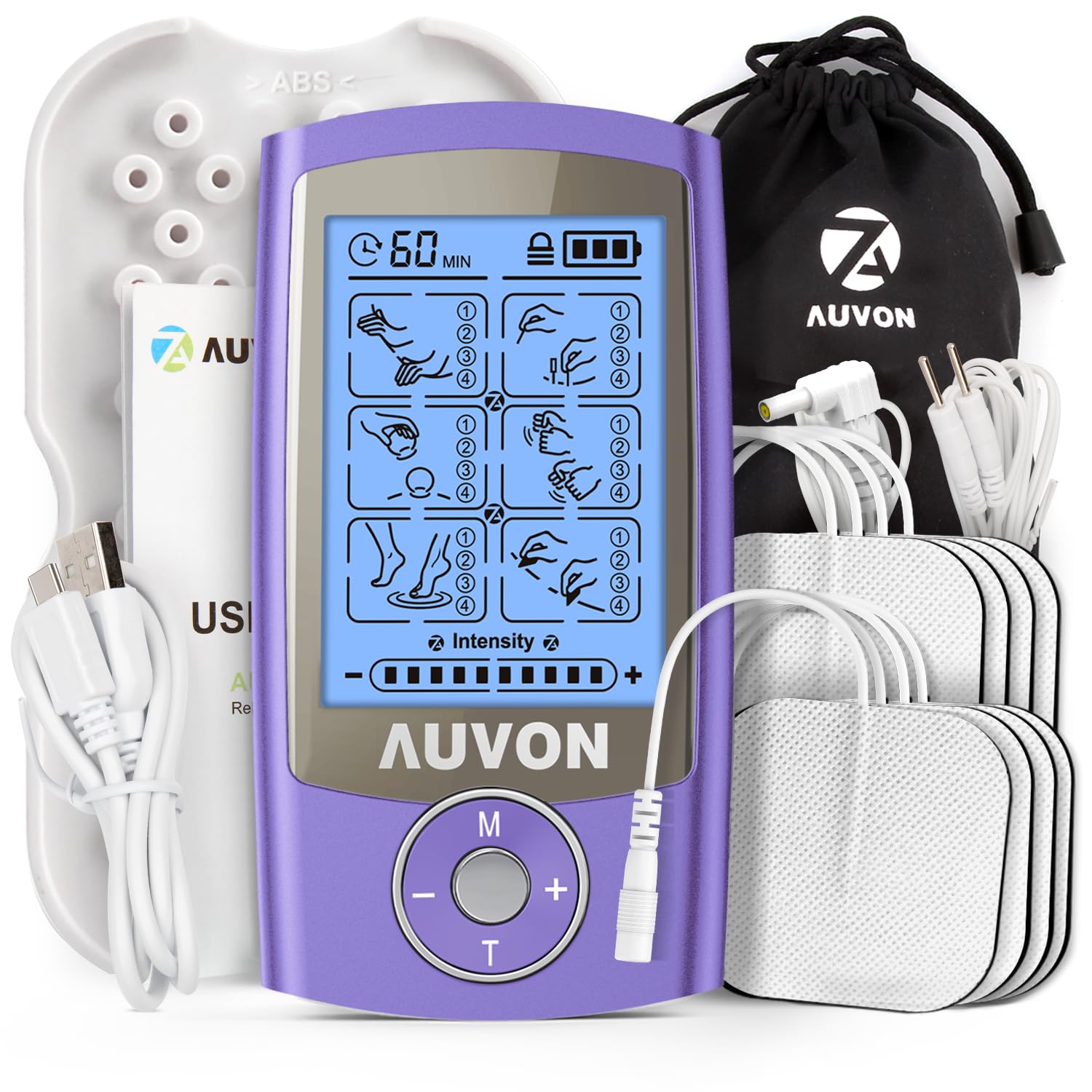 AUVON Rechargeable TENS Unit Muscle Stimulator, 24 Modes 4th Gen TENS Machine with 8pcs 2"x2" Premium Electrode Pads for Pain Relief Image