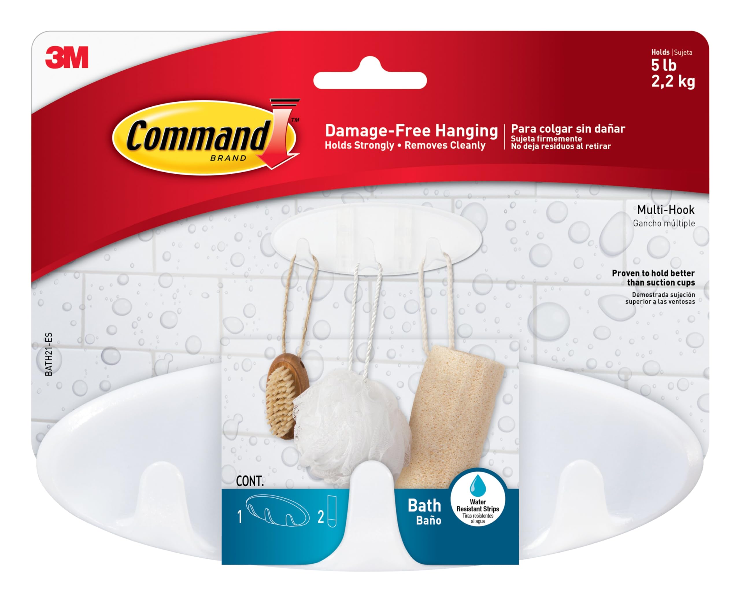 3M Command Bathroom Hook with Water Resistant Strips - Multi-Hook, White BATH21-ES