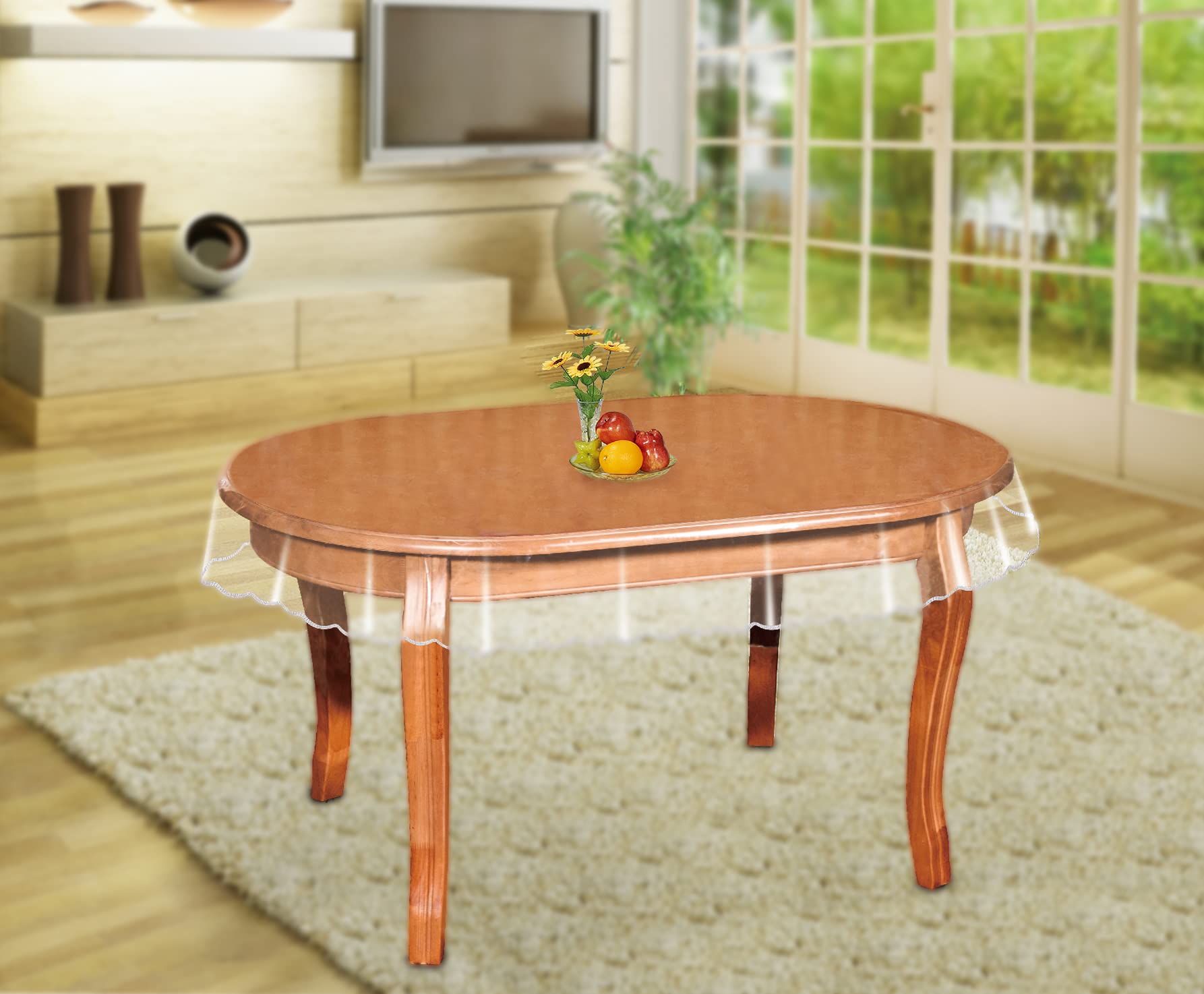 Photo 1 of MeritMode Clear Oval Vinyl Tablecloth, Clear Table Cloth Transparent Cover Waterproof Oval Table Cover Protector Elastic Lace Edge Design - 54 * 72 Inch