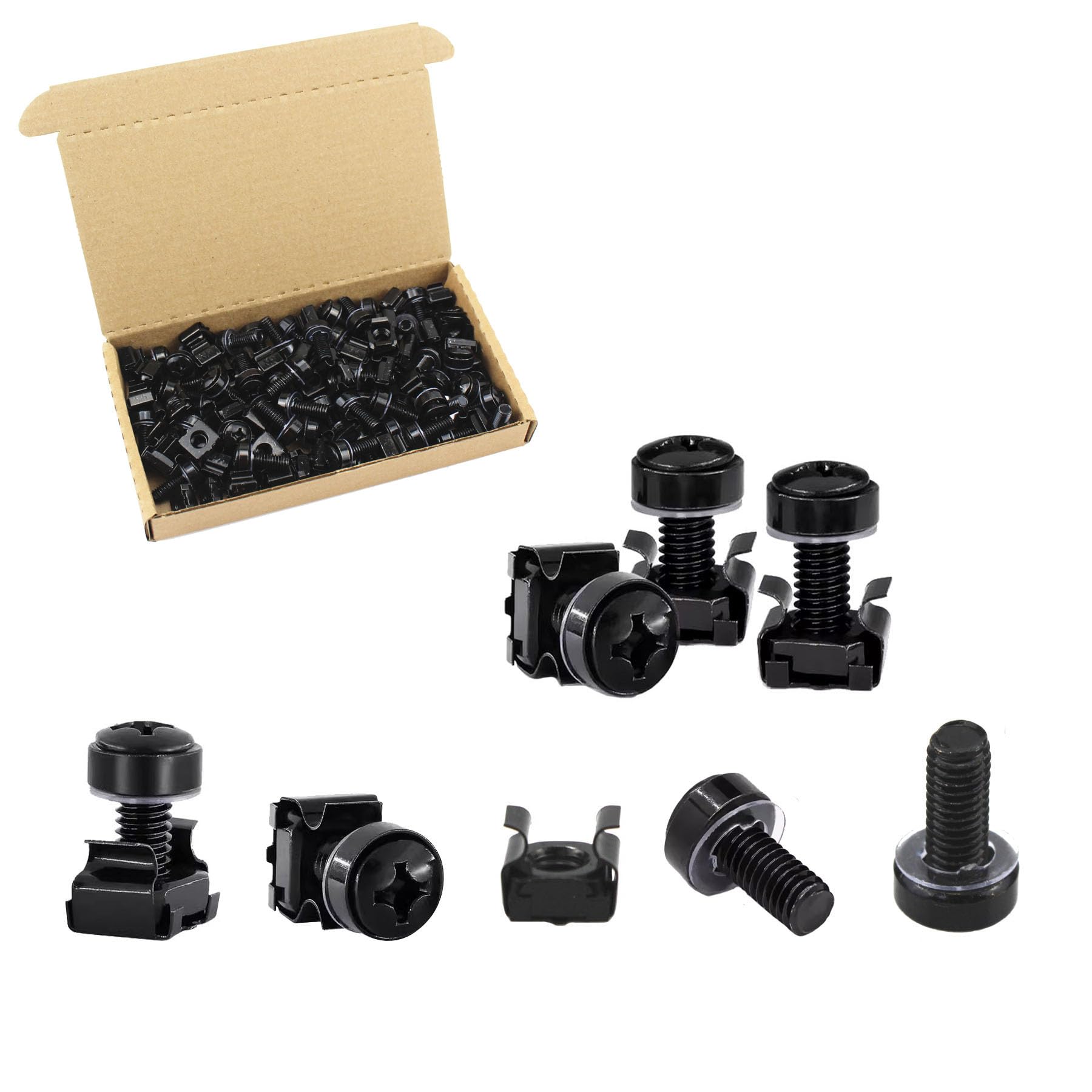 Gad2go 50 Pack M6 Cage Nuts and Screws Set M6 x 20 mm Rack Mount Cage Nut Screw with Washer for Cabinets Shelves Audio Server,Black