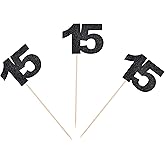 15th Birthday Centerpiece Sticks Black Glitter Number 15 Party Table Toppers Flower Picks Anniversary Party Supplies - Pack of 10