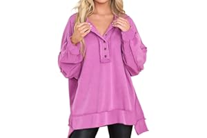 PBNBP Women's Oversized Tunic Sweatshirts No Hood Fall Fashion Henley Tops Lantern Sleeve Buttons High Low Trendy Clothes