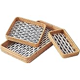Set of 3 Rectangle Rattan Trays for Decor, Coastal Wicker Serving Tray, Hand-Woven from Natural Rattan with Mother of Pearl Inlay, Boho Woven Decorative Trays for Bathroom Kitchen Counter, Entryway