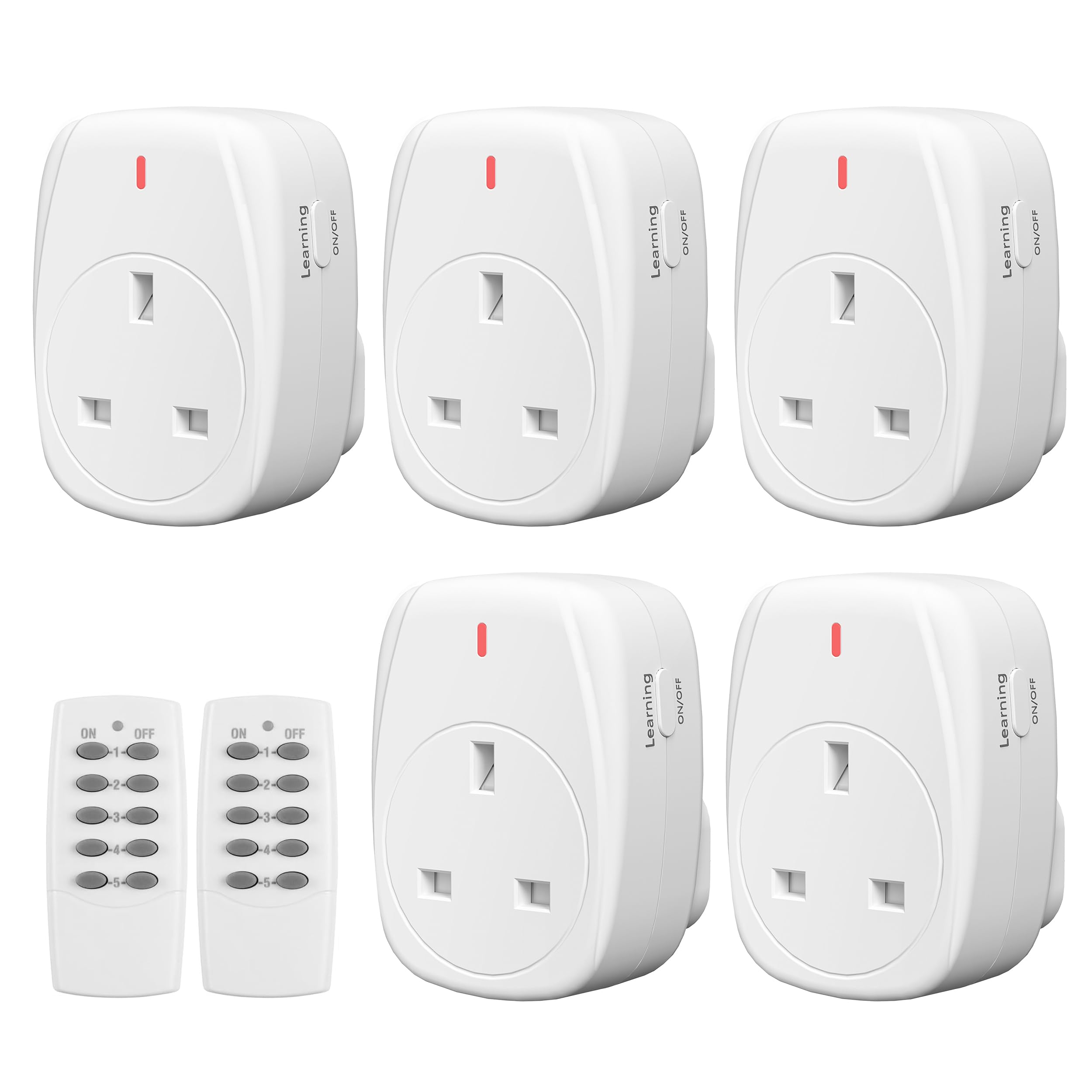 HBN Wireless Remote Control Plug Socket UK, 13A/3120W Remote-Control Outlet Sockets for Lamp,Wireless Remotes Light Switch with 30m/100ft Operating Range,5 Pack Sockets and 2Remote