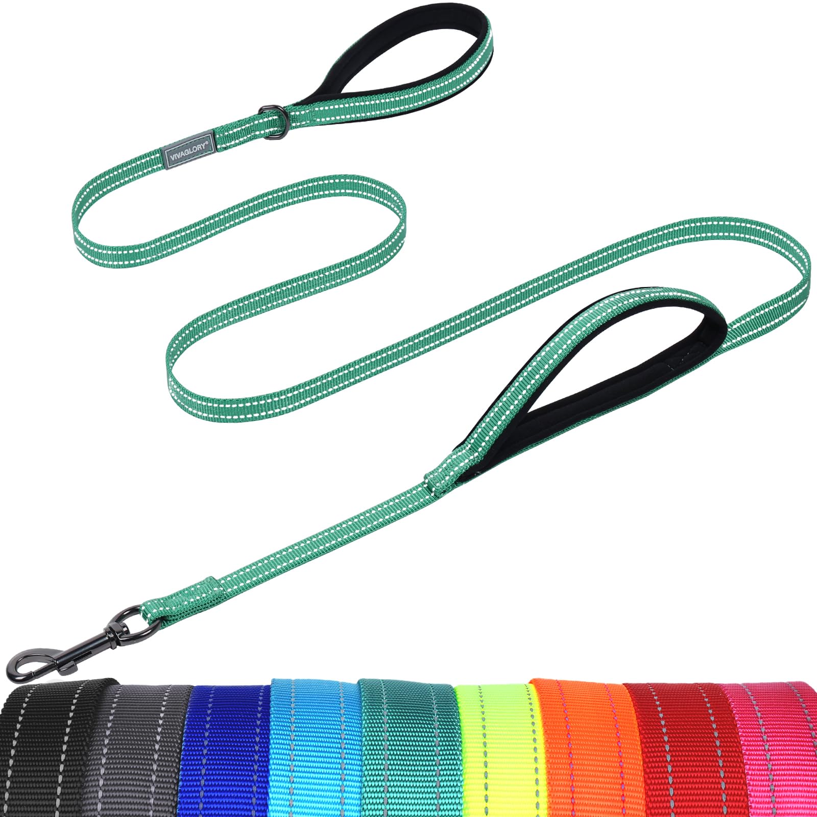 VIVAGLORY Dog Lead Twingrip Double Handle Dog Lead, Leash with Traffic Handle & 2 Loop for Walking & Training, Traffic Control Reflective Heavy Duty for Puppy Pet, 1.8m x 1.4cm, Turquoise