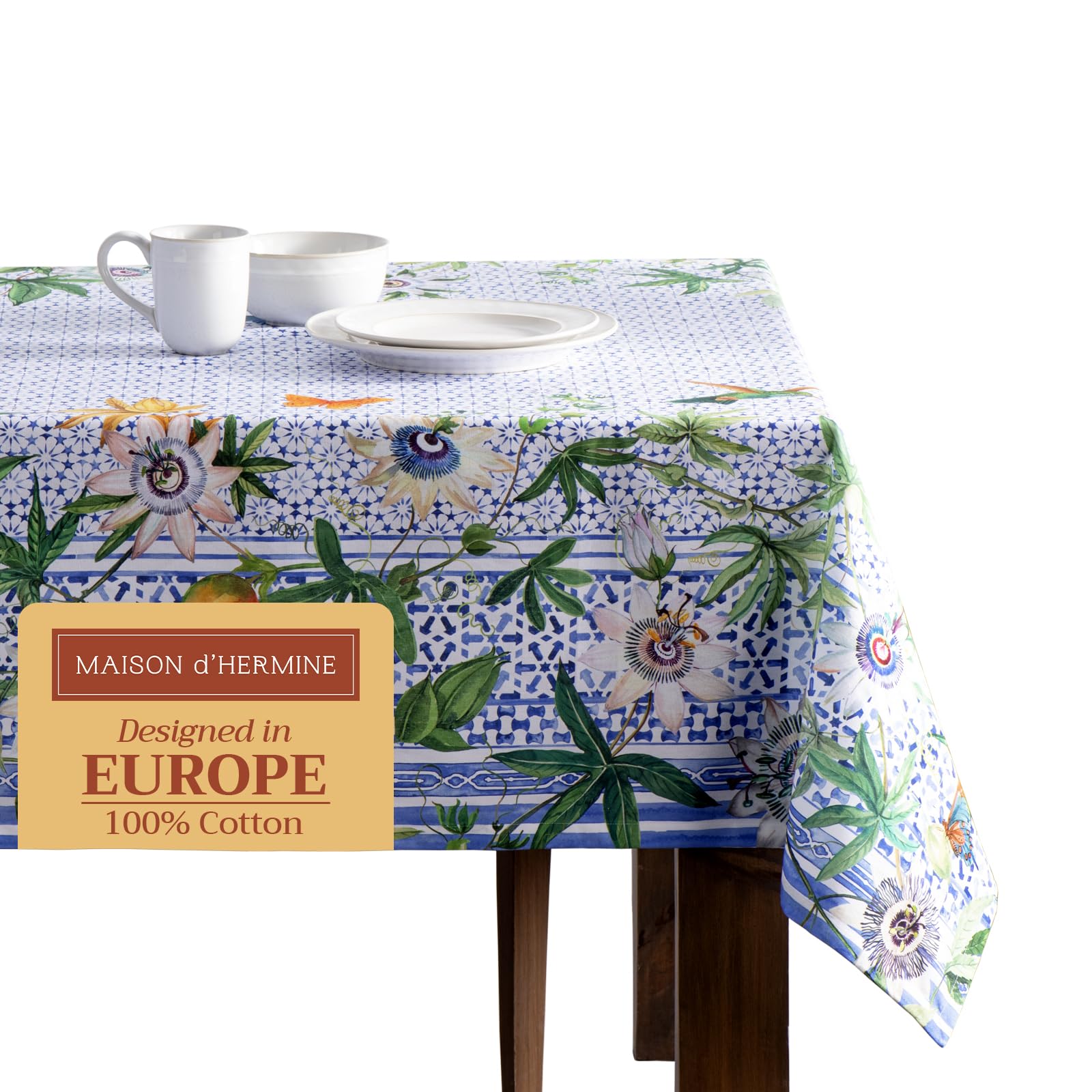 Maison d' Hermine Table Cloth Rectangle Table 100% Cotton 60 x 120 Inches Tablecloth Reusable Decorative for Dining Kitchen Room Farmhouse Home Spring Summer - Passiflora Image