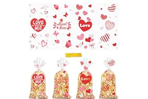 Jocomoni 120PCS Valentine's Day Cellophane Treat Bags, Clear Plastic Valentines Goodie Candy Bag Heart Coody Snack Sweet Bags