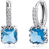 Desnuage Zircon Hoop Earrings for Women - Sterling Silver Square Drop Dangle Earrings with Cubic Zirconia, Hypoallergenic Birthstone Jewelry