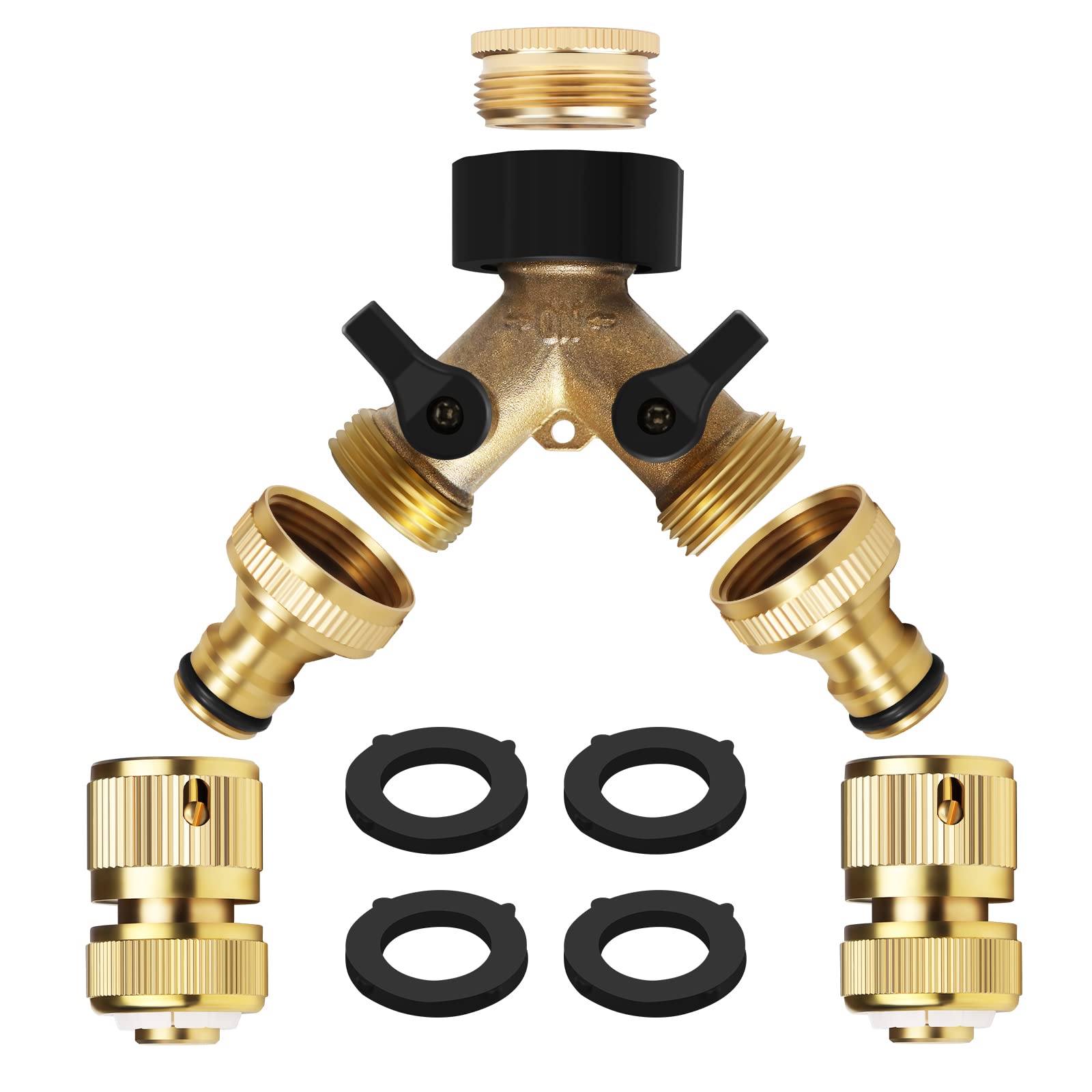 Mdlufee 6 Pcs 2 Way Garden Hose Splitter Kit for Washing Machine and Plumbing Fittings,1/2" and 3/4" Brass Manifold,2 Hose 1/2" End Quick Connect,2 Hose Tap Connector — image 1
