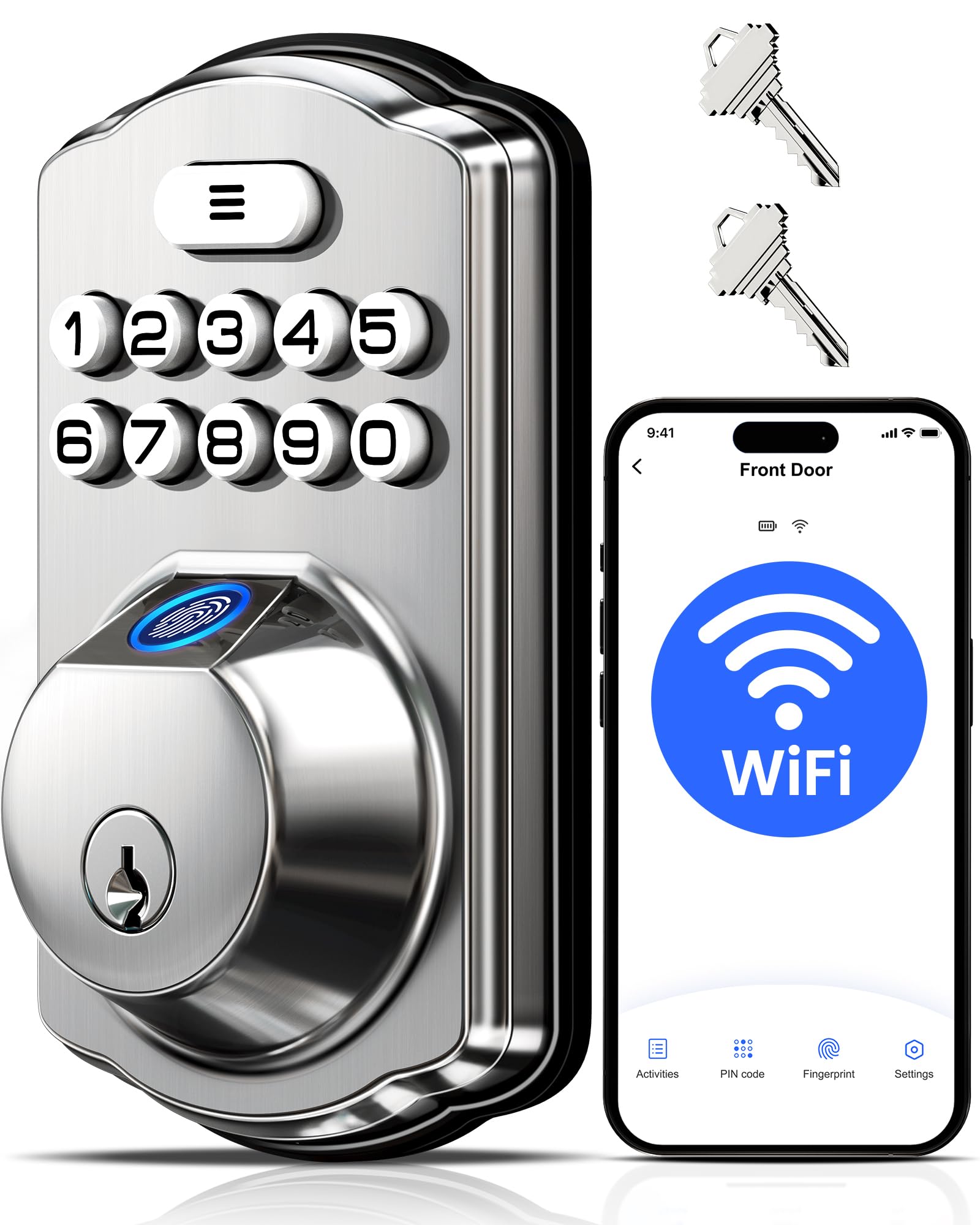 Photo 1 of Veise VE012W Built-in WiFi Fingerprint Smart Lock, App Remote Control, No Hub Needed, Keyless Entry, Front Door Smart Deadbolt, Digital Keypad, Auto Lock, IP55 Waterproof, BHMA Grade 3, Satin Nickel