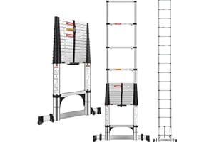 DEZEX Telescoping Ladders 15.5 FT Stainless Steel - One-Button Retraction Collapsible Extension Ladder for Home,RV,Loft,Lasts 375 LBS with Balance Bar,2 Triangle Stabilizers and Wheels