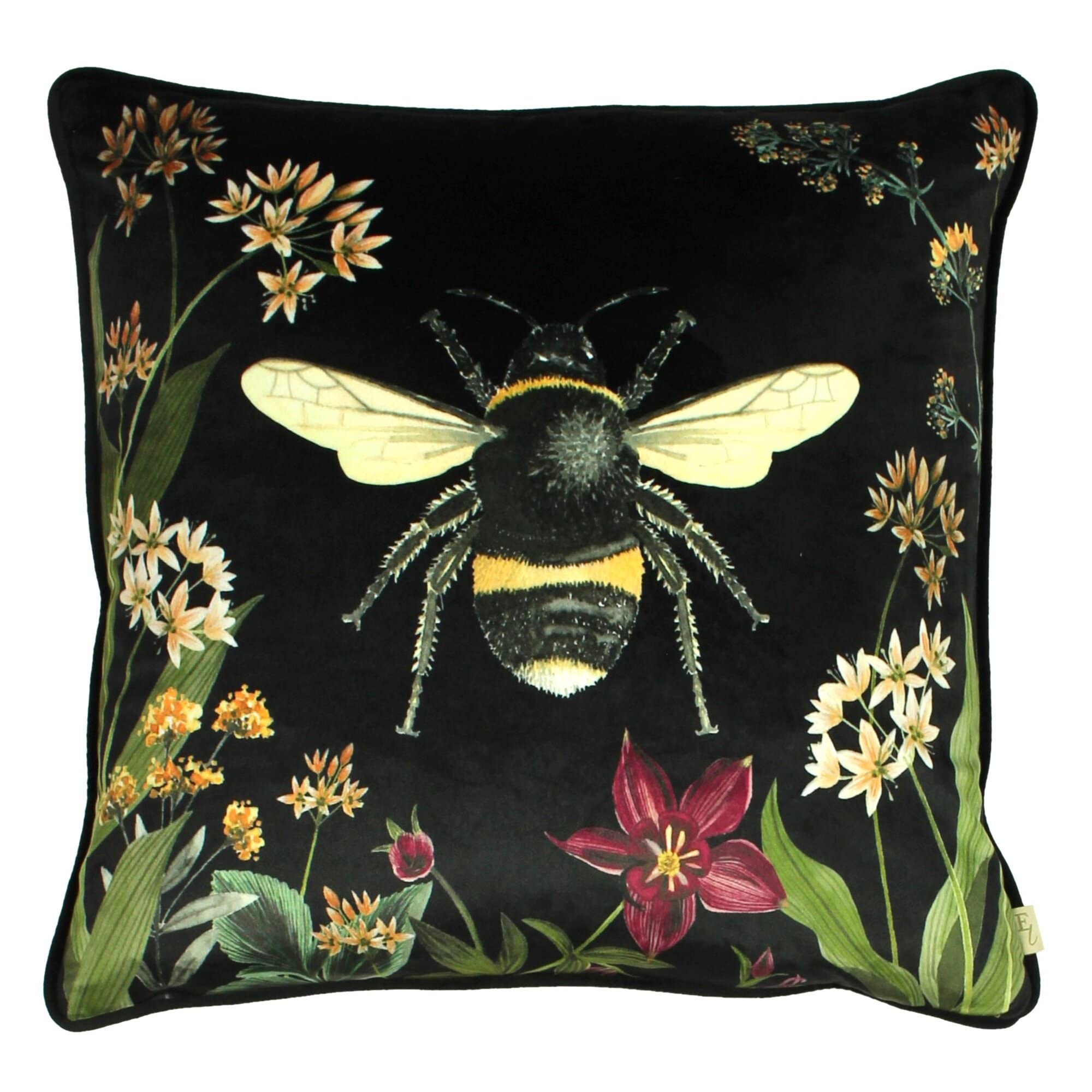 Evans Lichfield Midnight Garden Cushion Cover – Bee Botanical Velvet Design (Bee – 43 x 43 cm)