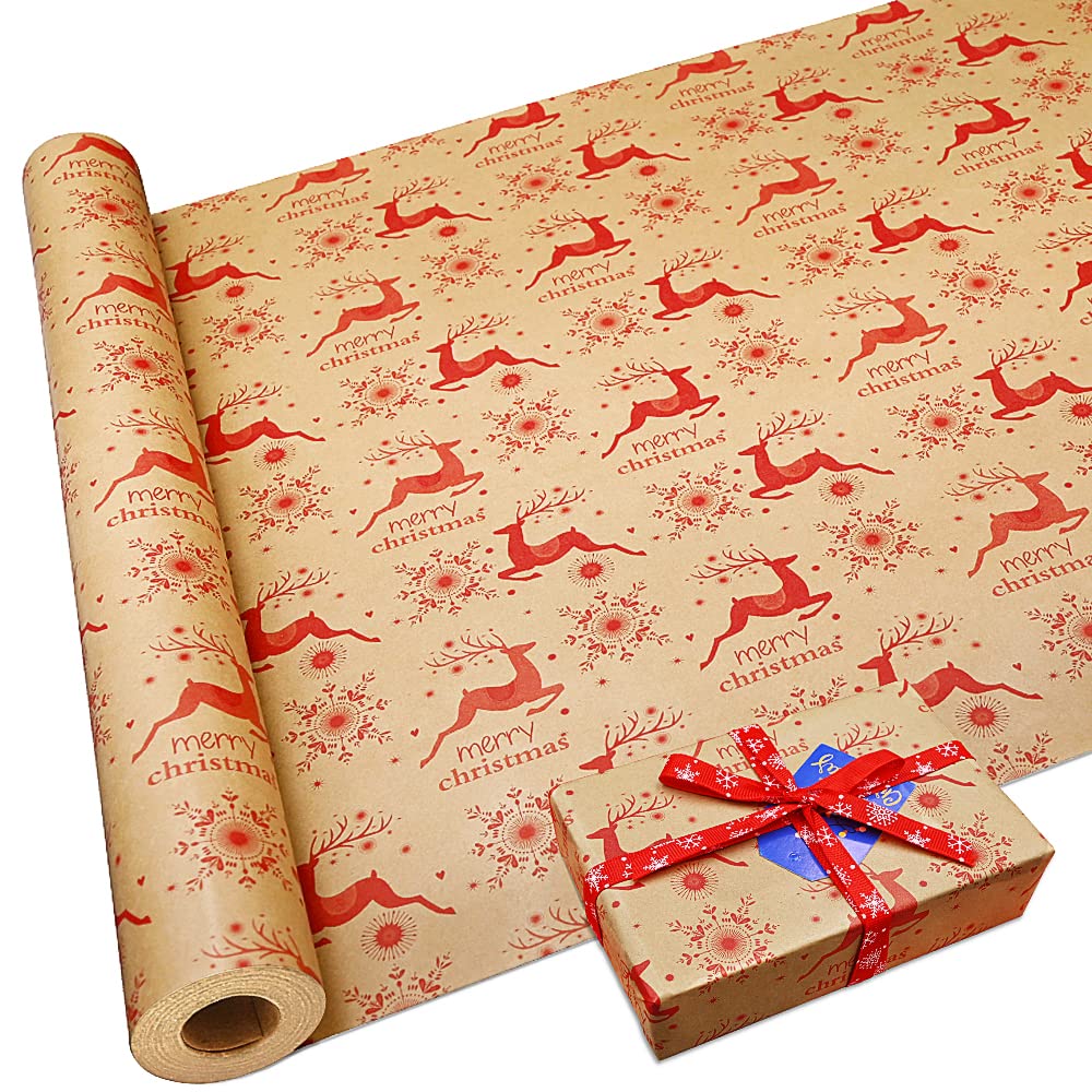 DOJoykey 16M Christmas Wrapping Paper Roll, Elk Pattern Gift Wrapping Paper Roll Recyclable Kraft Wrapping Paper for Xmas Gift Party Decoration