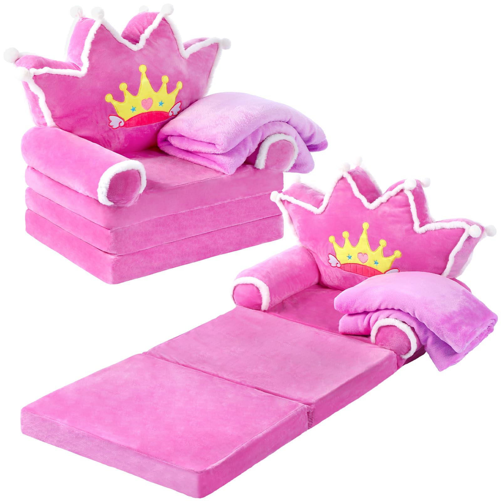 Photo 1 of Burbell Kids Couch 2 in 1 Toddler Couch Fold Out with Flannel Blanket Set Soft Princess Kids Chairs for 1-3 Toddler Comfy Convertible Sofa to Lounger Bed for Reading Sleeping Gaming Decor(Purple)