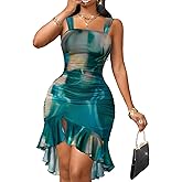 GothDark Womens Sexy Ruched Mesh Bodycon Dress Irregular Ruffle Hem Midi Dress Party Club Cocktail Dresses