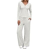 SHESHOW Lounge Sets for Women Button Down Long Sleeve Tops and Wide Leg Pants 2 Piece Sweatsuits Set Loungewear S-XXL