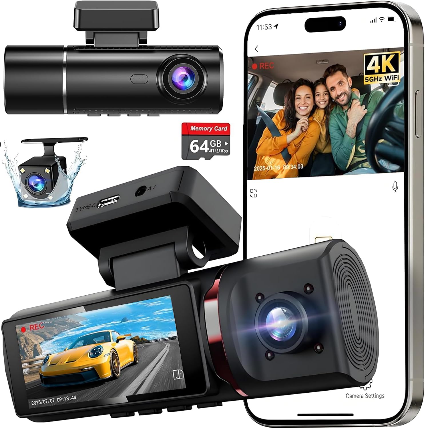 Photo 1 of 3 Channel 4K Dash Cam Front, 1080P Dash Camera Rear and Inside for Cars with 3.16 IPS Screen, 64GB Card, G-Sensor, 24Hr Parking, App Control,Loop Recording, Night Vision,Support 256GB Max