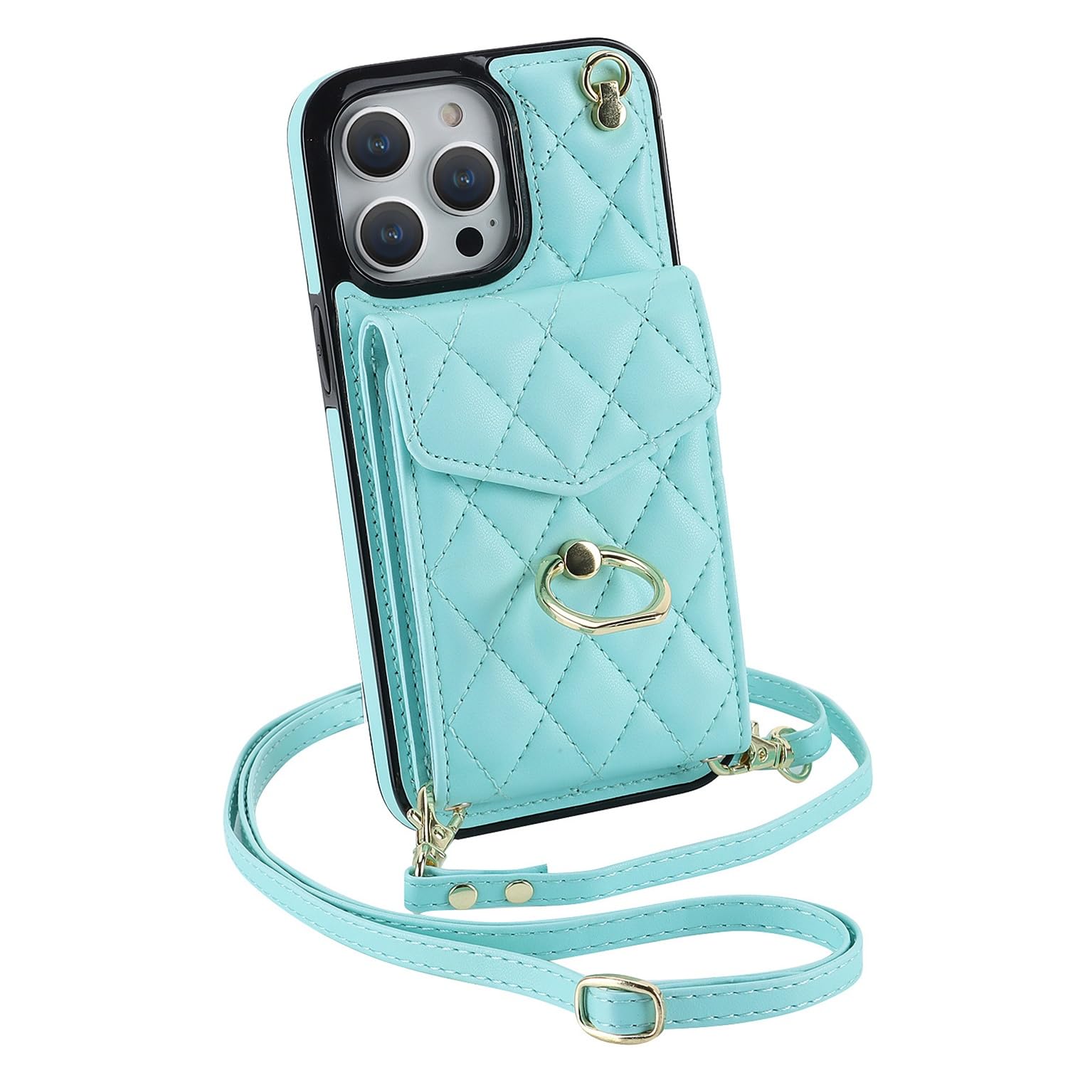 Ykerey Case for iPhone 15 Case with Card Holder Slot Flip Folio PU Leather Lanyard and Ring Kickstand Shockproof Case Necklace Crossbody Wallet Case for iPhone 15, Green