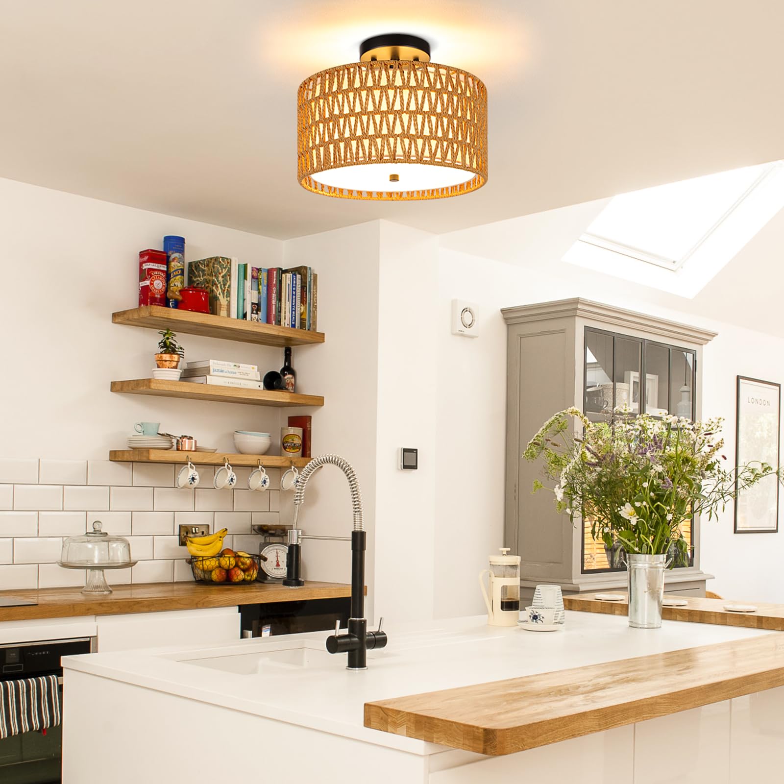 SunRider Semi Flush Mount Ceiling Light Fixture, 3-Light Farmhouse Woven Rattan and Fabric Shade Drum Light, Boho Rattan Lamp for Bedroom Foyer Porch