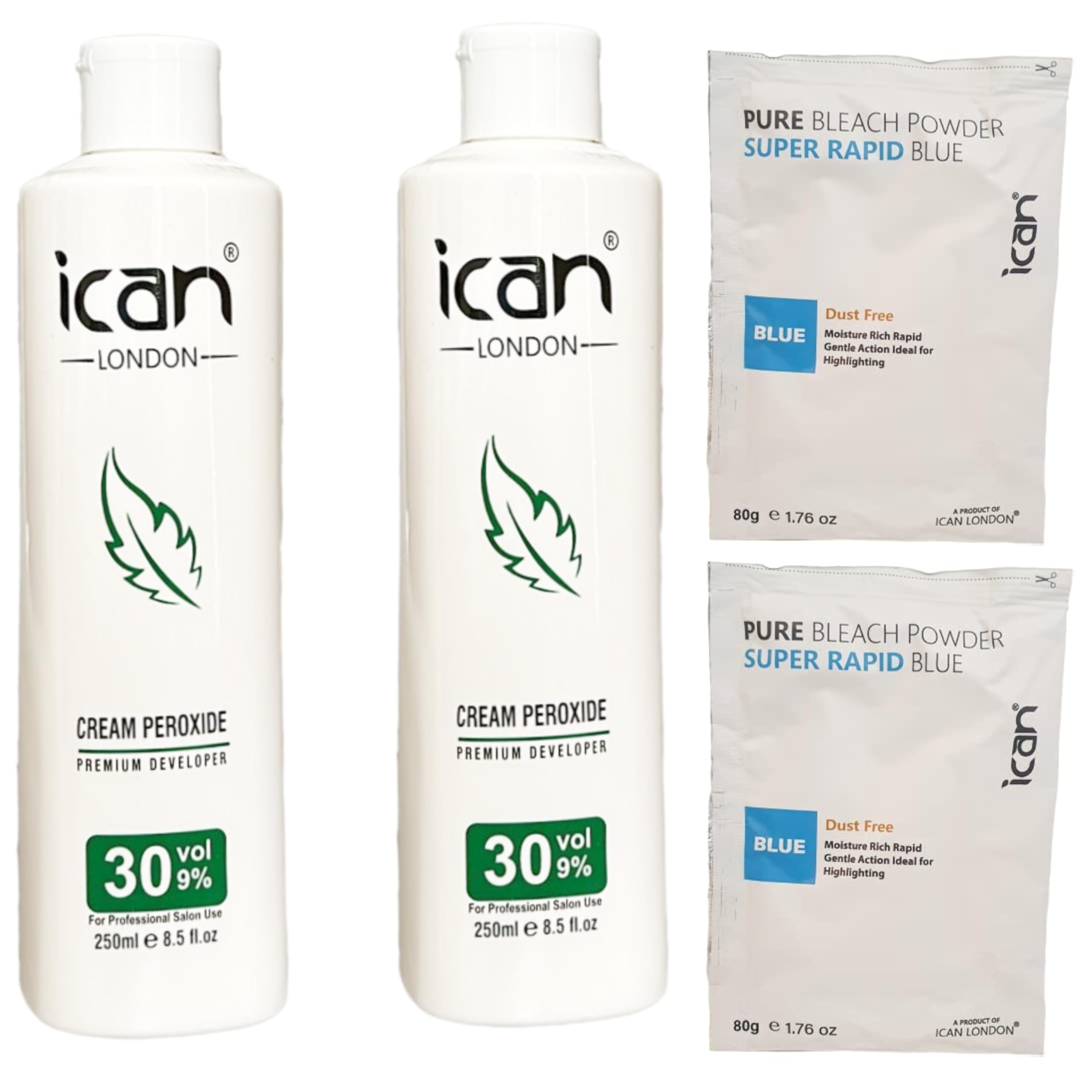 ICAN LONDON CREAM PEROXIDE 30 VOL 9% 250ML x 2 + RAPID BLUE POWDER BLEACH 80G x 2 SET