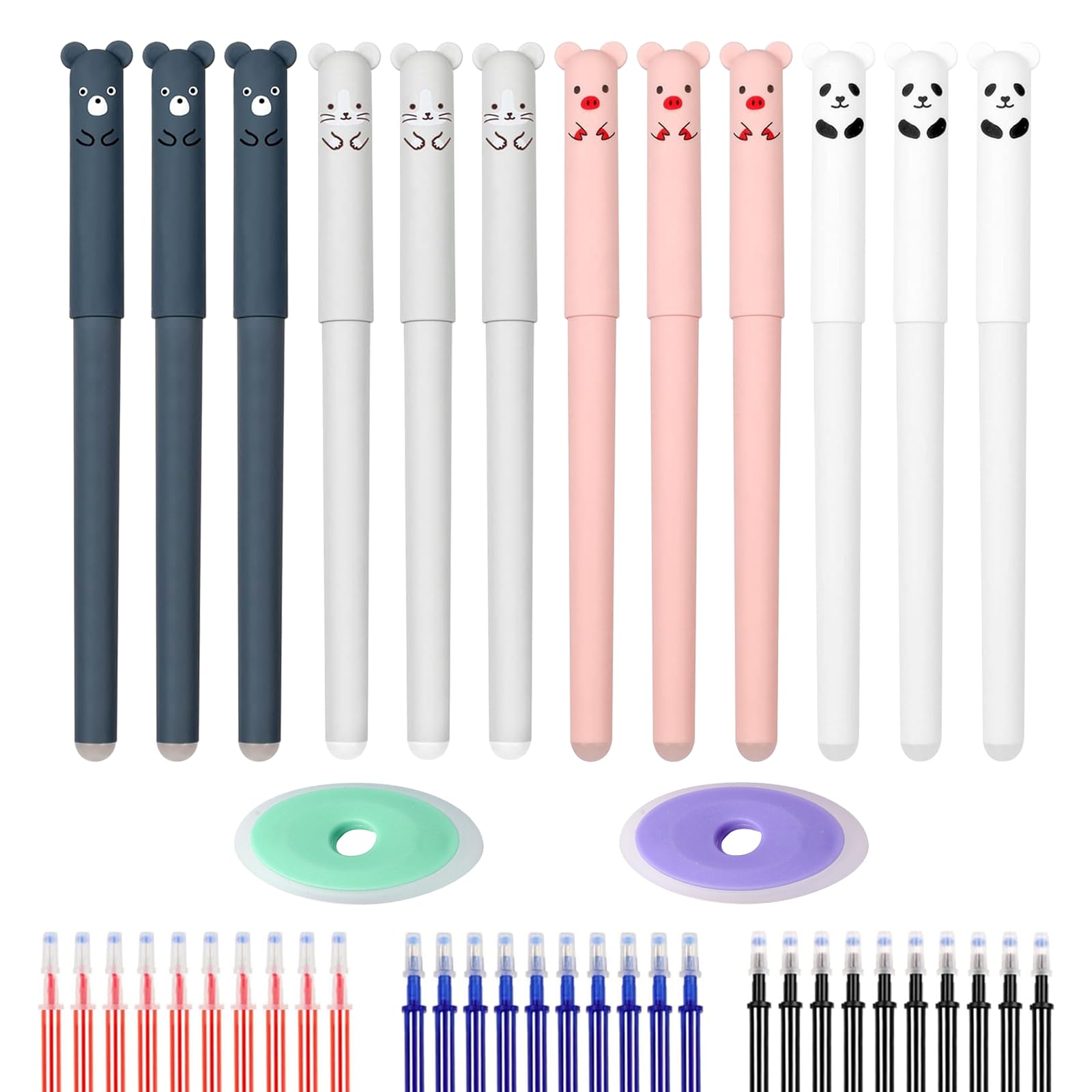 CONNECTION Erasable Pens Set 12 Pcs Animal Rub Out Pens 0.5mm Cute Cartoon Erasable Ballpoint Pen Gel ink Pens with 30 Pcs Refills and 2 Pcs Erasers for Kids,School,Office Supplies (Multi-color)