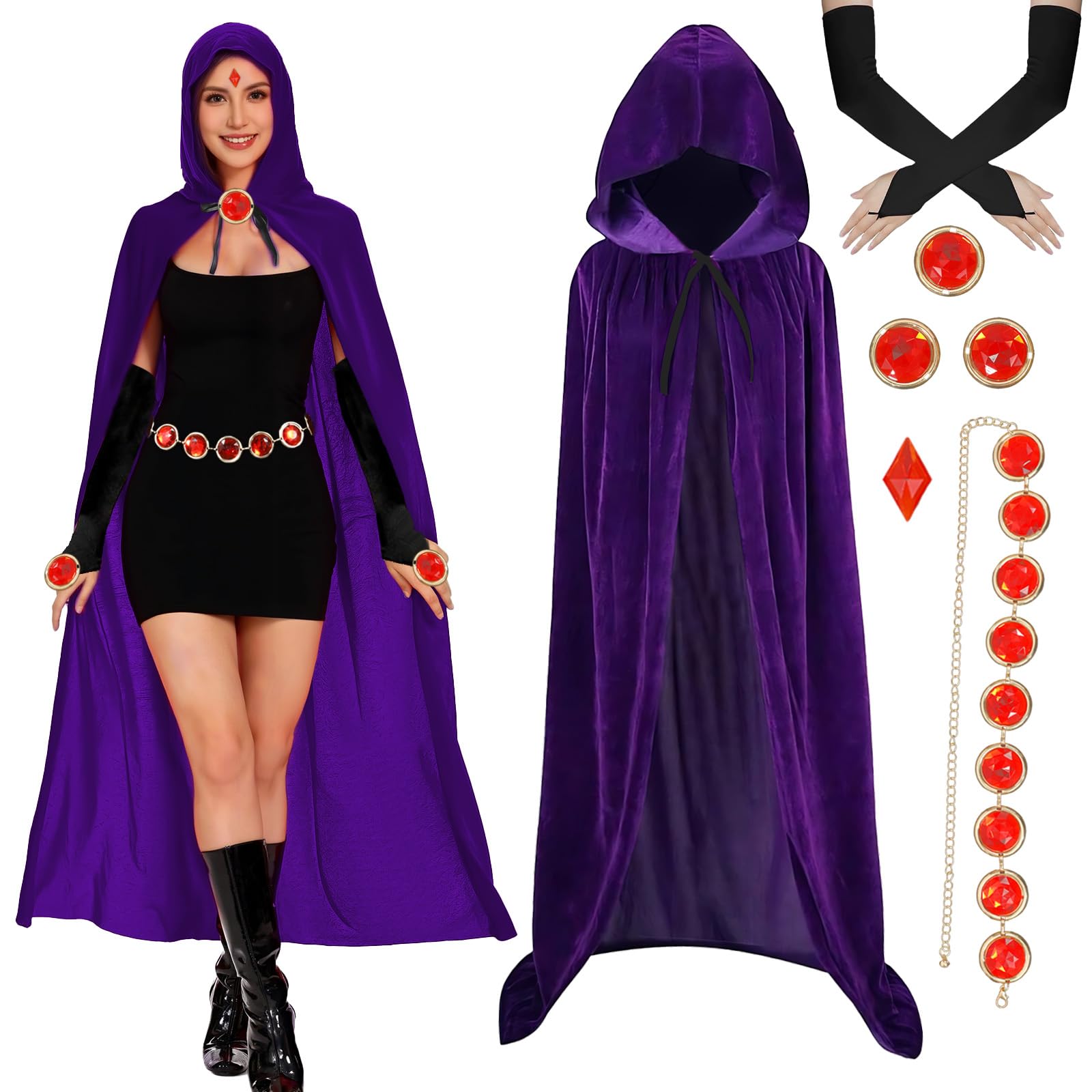 5PCS Raven Titans Costume Adult Women, Raven Purple Cloak Witches Cape Belt Gloves Red Gem Velvet Anime Cosplay Halloween Character Costumes for Party Carnival Festival Masquerade (150cm)
