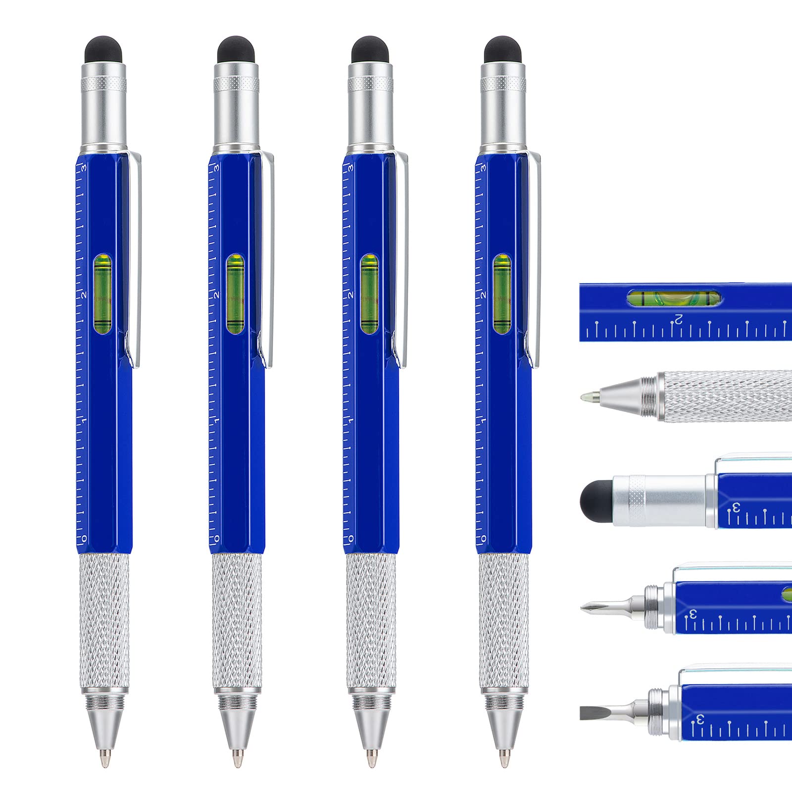 erofa 4 Pack Multitool Pen Set, 6 in 1 Multitool Pen with Ruler & Screwdriver, Multifunctional Metal Ballpoint Pen Gift (Blue)