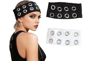 2PCS Women Hollow Out Eyelets Elastic Headband Wide Y2K Punk Grunge Hairband Grommet Design Stretchy Hair Accessory for Yoga 