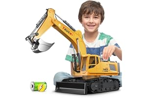 KIDMARKT 21" Large Remote Control Excavator Toy with Metal Bucket & Dozer Blade, 15-Channel RC Excavator Toys for Boys 6+ Kids Adults Construction Vehicles Christmas Birthday Gift, 120+Mins/Spray/Sound/Light
