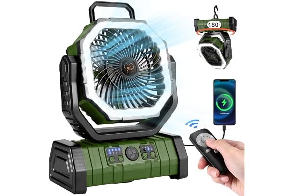 Odoland 30000mAh Camping Fan with LED Lantern, Rechargeable Battery Operated Oscillating Fan with Remote & Hook, Portable Ten