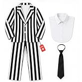 fun shack Striped Suit Costume, Halloween Costumes for Men | Black, White Striped Jacket with an Attached Shirt Bib, Matching Tie Included, Perfect for Halloween, Great for Dress-Up