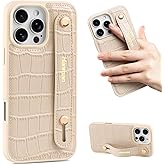 Hanman Leather Case with Adjustable Wristband Strap Kickstand,Hand Strap Leather Case Compatible with iPhone 16 Pro,Crocodile Leather Wristband Kickstand Case Compatible with iPhone 16 Pro-Beige