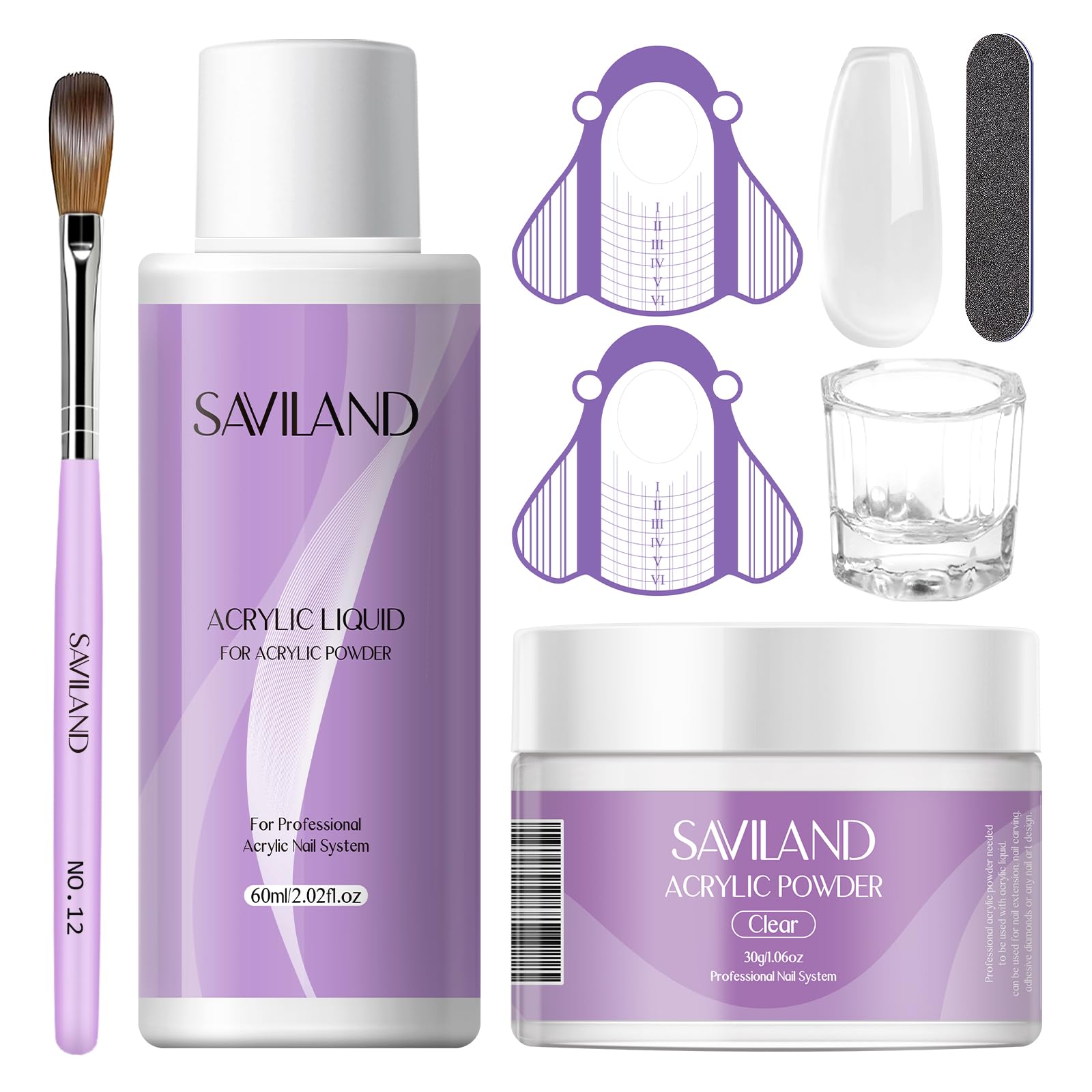 SAVILAND Acrylic Nail Kit – 30g Clear Acrylic Powder & 60ml Acrylic Liquid Set with Nail Brush Nail Forms Tools Extension Nail Kit for Beginners with Everything for Home DIY Salon Nails Application