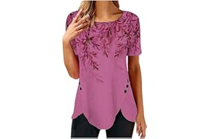 DOVFORD Tunic Tops for Women Loose Fit Dressy Short Sleeve Blouse Casual Floral Print T Shirt Summer Trendy Irregular Hem Tee