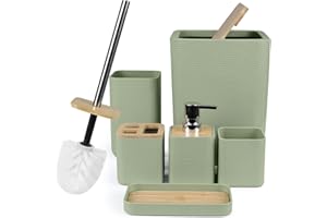 CERBIOR Bathroom Accessories Set 6 Piece Bamboo Bath Ensemble Includes Soap Dispenser, Toothbrush Holder, Toothbrush Cup, Soap Dish for Decorative Countertop and Housewarming Gift (Green)