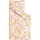 Wake In Cloud - Toddler Nap Mat with Pillow and Blanket, for Kids Girls Ages 3 Plus in Kindergarten Daycare Preschool, Roll Up Sleeping Bag, Floral Botanical Flowers