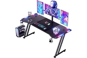 HLDIRECT 63 Inch Gaming Desk with LED Lights Carbon Fibre Surface Gaming Table Large Computer Desk Ergonomic Home Office Desks Z Shaped PC Gamer Workstations with Cup Holder & Headphone Hook Black