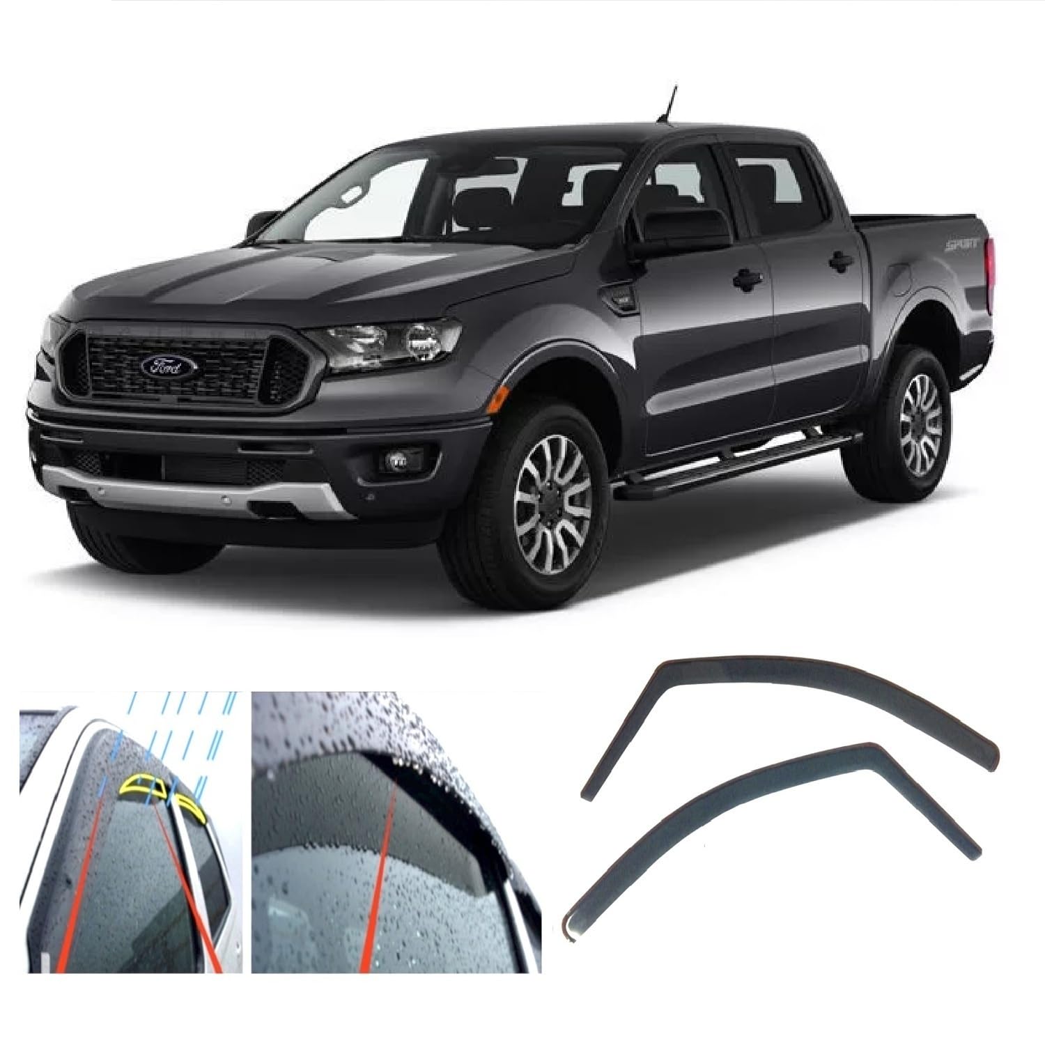 2x Wind Deflectors Compatible with Ford Ranger Double Cab Wildtrak (T6) 2011 2012 2013 2014 2015 2016 2017 2018 2019 2020 2021 2022