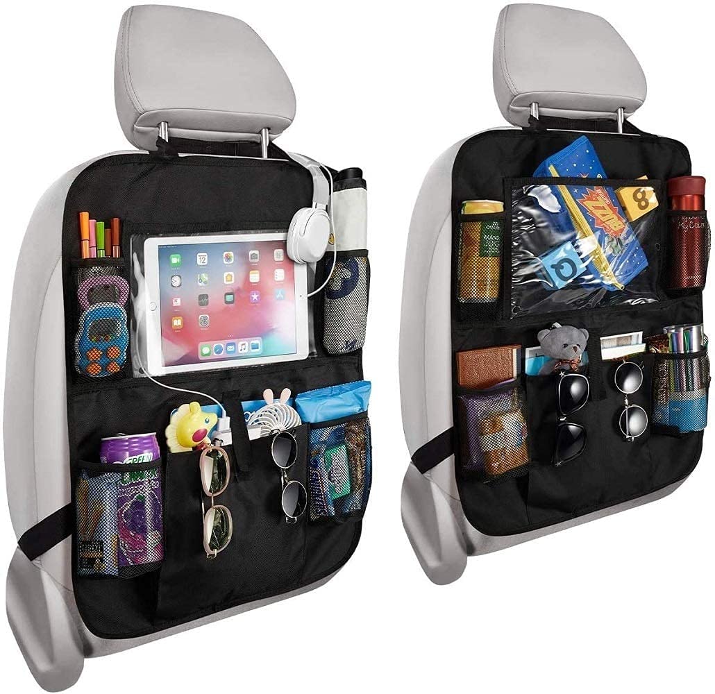CVELEQI Car Organisers, 2PS Car Seat Organiser Protectors Cover with 10" Tablet Touch Screen Holder Multi Pockets for Travel Accessories, Toys, Bottle, Drinks