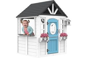 YOFE Wooden Kids Playhouse with Kitchen Sink, Mailbox & Working Doorbell, Outdoor Toddler Play House with Dutch Door, Dog Door & Accessories for Backyard, Pretend Market & Holiday Fun