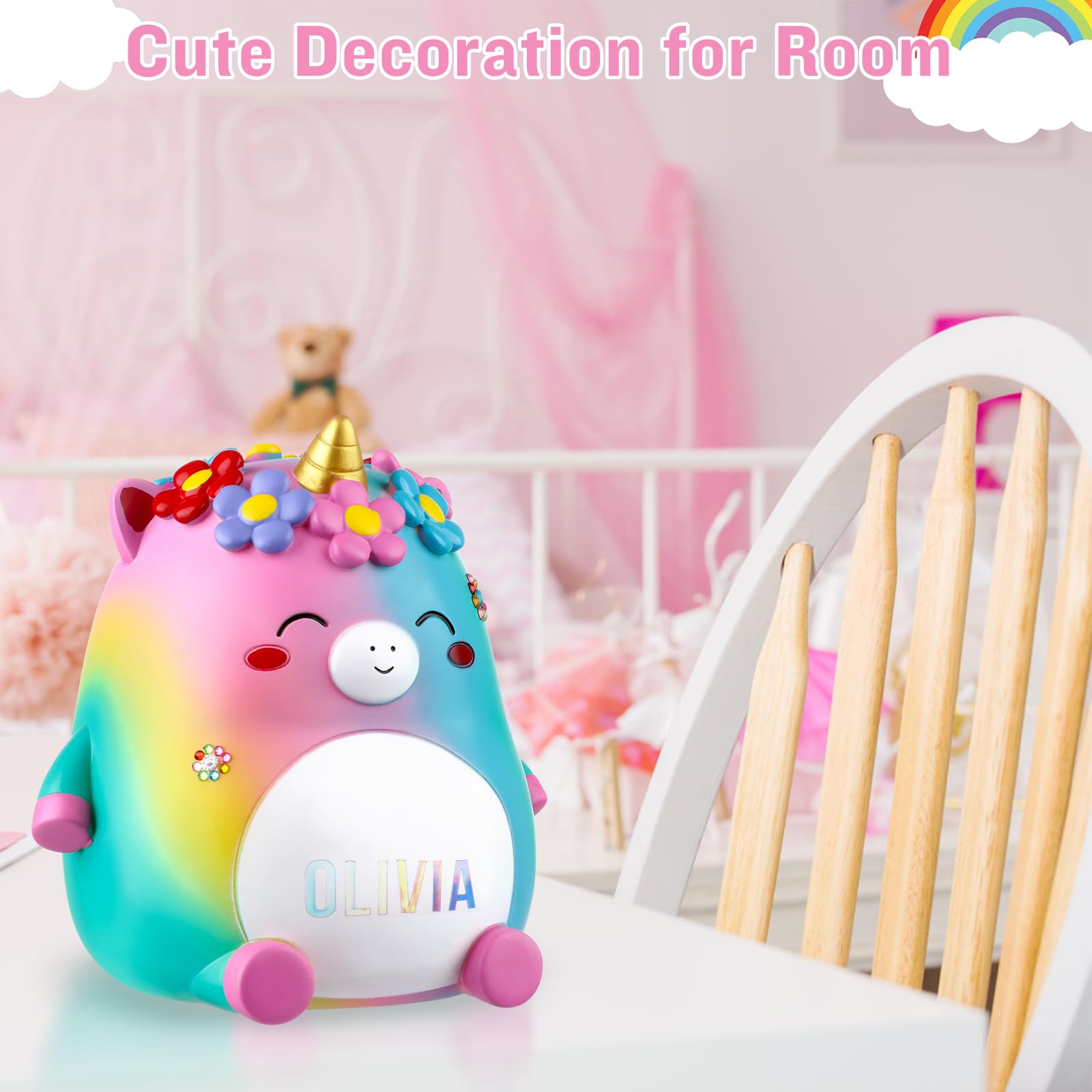 Unicorn Piggy Bank Girls – Cute Rainbow Kids Piggy Bank for Girls, Personalized Unbreakable Resin Coin Money Bank for Kids with Stickers for Toddlers