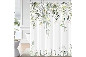 Caheansi Sage Green Eucalyptus Leaves Shower Curtain, Green and Gold Leaves Spring Botanical Plants Bathroom Curtain Waterproof Fabric Machine Washable with Hooks, 72" Wx72 L