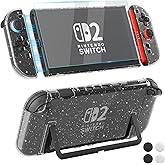 [Easy Docking Version] GLDRAM Case for Nintendo Switch 2 (2025), Dockable Hard Shell PC Protective Skin Cover with Screen Protector & 4 Thumb Grips for Switch 2 Console & Joycon - Clear Glitter