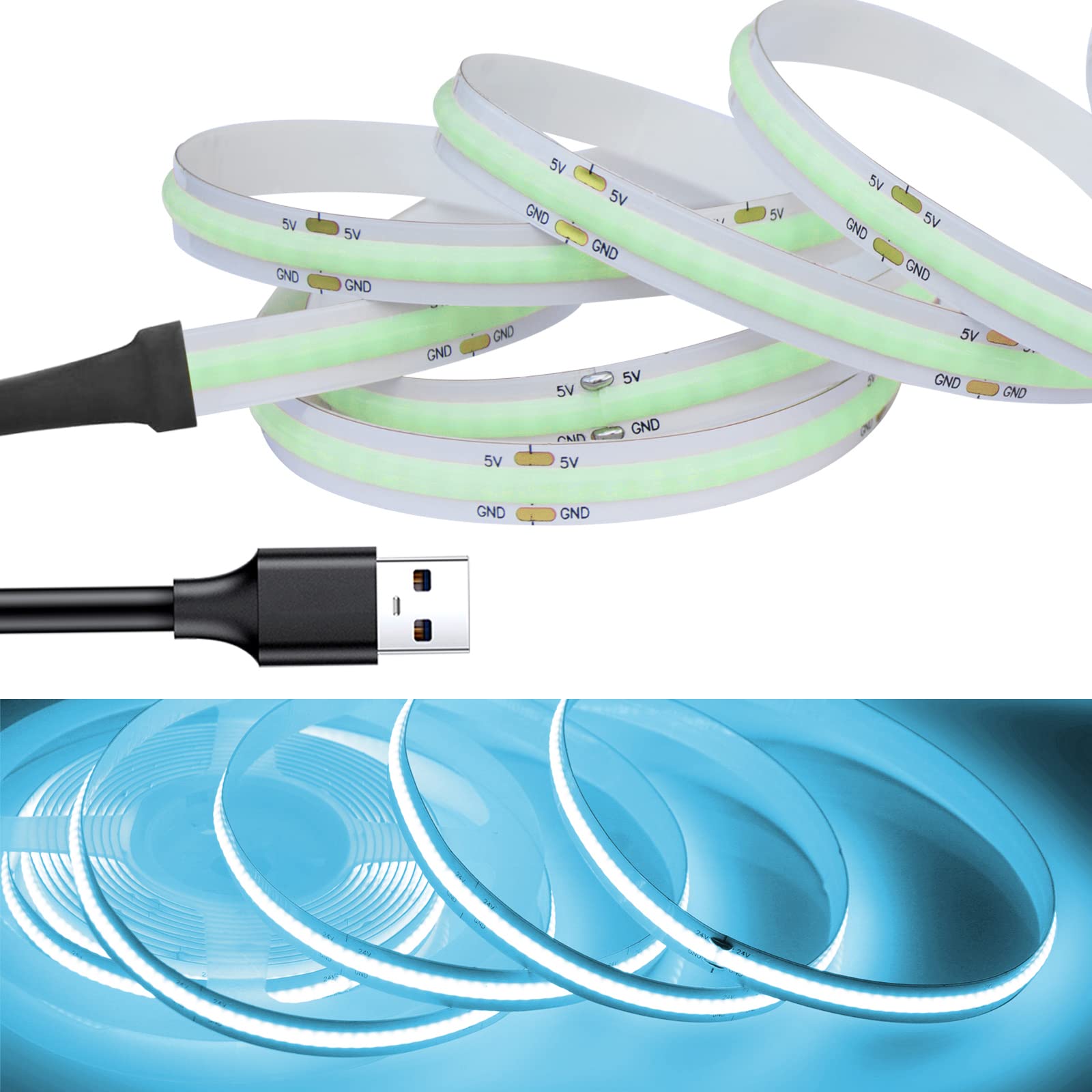 RYE USB Powered 5V COB LED Strip Light, 2.0M*320LEDs/M Lightblue Soft Dotless Tape Light for TV/Monitor/Under Cabinet Kitchen/Wardrobe/Stairs Step Background Ambient DIY Lighting[Strip ONLY]