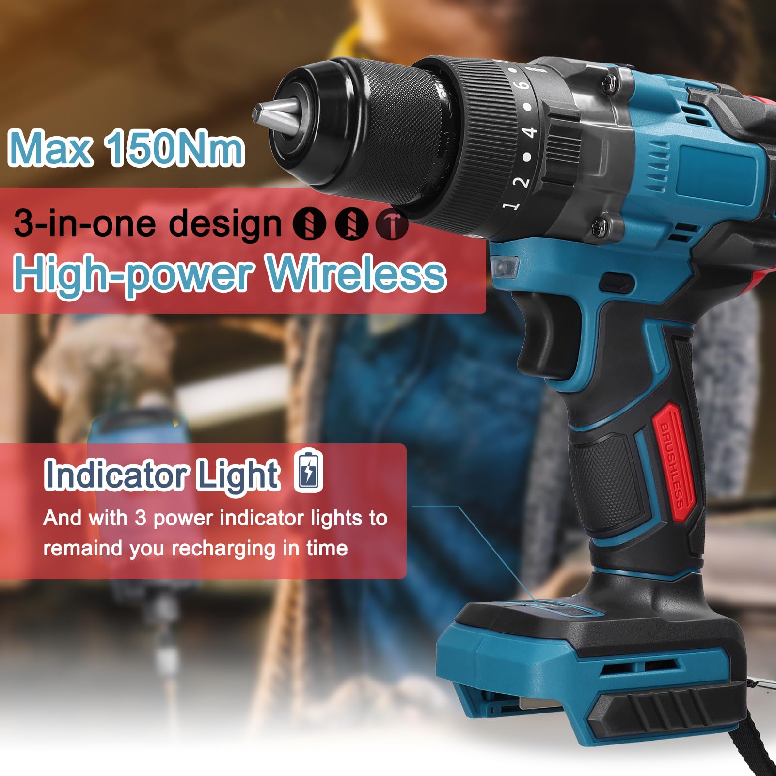 Hand Drill, 0.5 inch (13 mm) High Torque Multifunctional Electric Cordless Drill High Power Rechargeable Hand Drill Brushless Motor Household DIY Power Tools