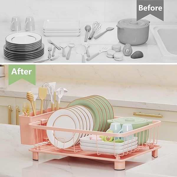 HIVIWEER PINK DISH DRYING RACK – SPACE-SAVING DISH RACK,DISH RACKS FOR KITCHEN COUNTER WITH DRAINBOARD, BIRTHDAY CHRISTMAS DAY MOTHERS DAY THANKSGIVING GIFTS FOR MOM GRANDMA WIFE KITCHEN ENTHUSIASTS