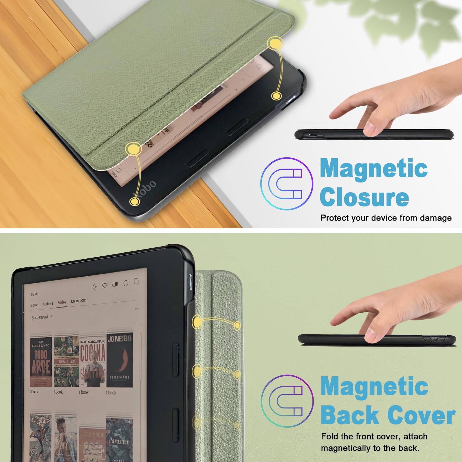 Caweet Case for Kobo Libra Colour (Model:N428, 2024 Release), Ultra Lightweight PU Leather Shell Cover with Auto Wake/Sleep, Green
